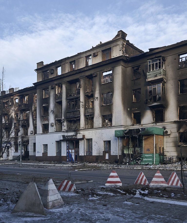 Vene mürskude tõttu kannatada saanud Bahmuti kesklinn. Foto tehtud 10. veebruaril 2023.