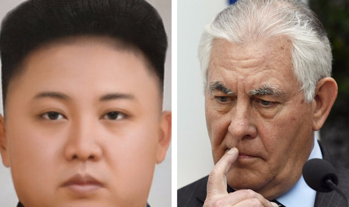 Kollaaž: vasakul Põhja-Korea diktaator Kim Jong-Un (foto: Wikimedia Commons / P388388),  paremal USA riigisekretär Rex Tillerson (foto: AFP)