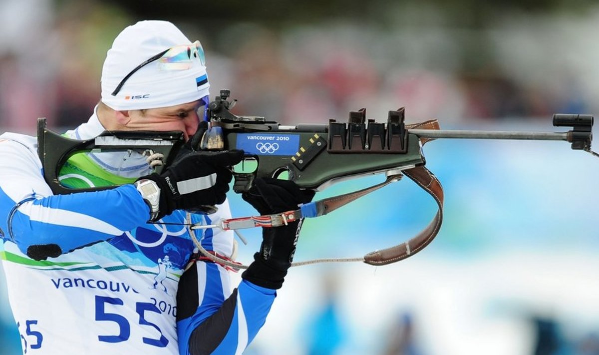 WHISTLER, BC - FEBRUARY 14: Roland Lessing of Estonia competes in the men's biathlon 10 km sprint final on day 3 of the 2010 Winter Olympics at Whistler Olympic Park Biathlon Stadium on February 14, 2010 in Whistler, Canada.   Shaun Botterill/Getty Images/AFP
