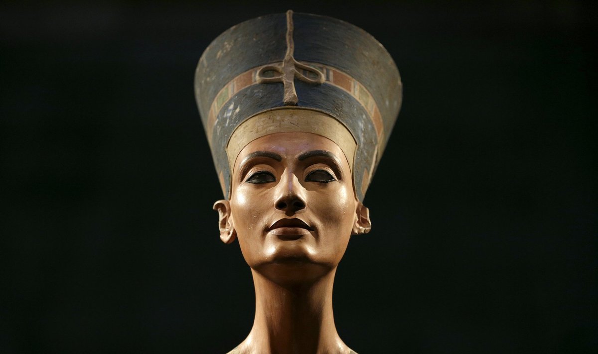 The Nefertiti bust is pictured during a press preview of the exhibition 'In The Light Of Amarna' at the Neues Museum in Berlin