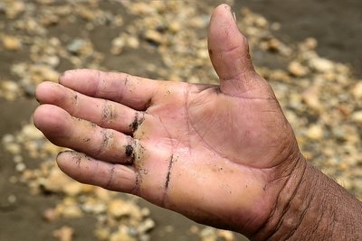 Рука старателя. Поликарпо Сайре Суйо (72) бросает песок на горку под названием "толва" по 8−10 часов в день, чтобы намыть золота. Поликарпо: "Работать старателем-одиночкой — это потрясающе, как будто работаешь на пляже. Ну да, это изматывает, но зарабатыв