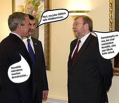 George Bush, Andrus Ansip ja Mart Laar 28. novembril 2006 kohtumisel Eesti Panga ruumides.