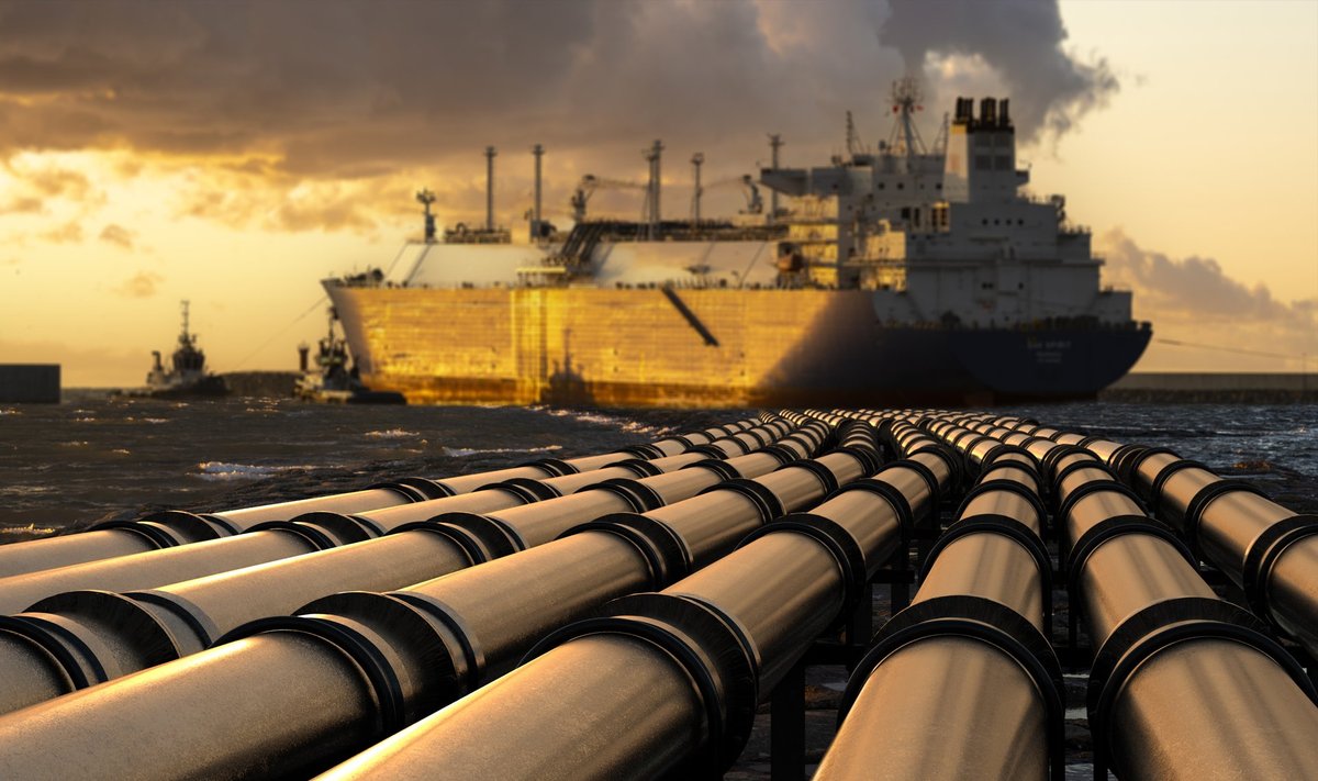 LNG terminal ja tanker. Foto loojuures illustreeriv