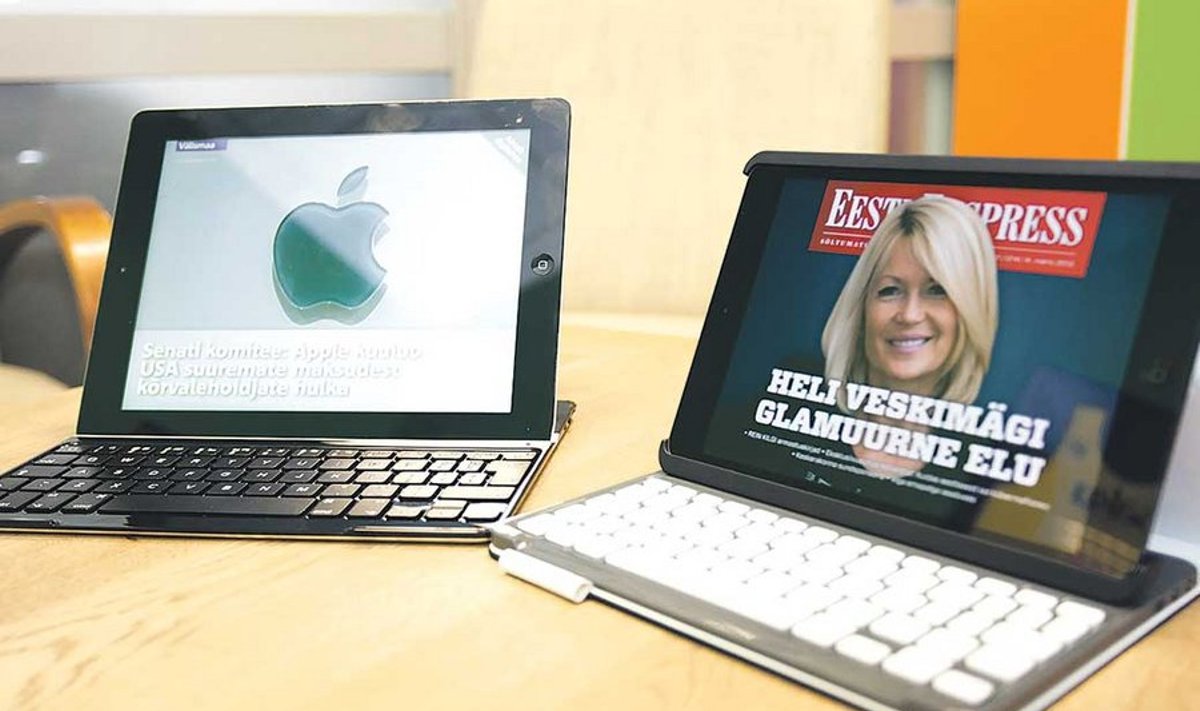 Kümnetolline tahvel koos klaviatuuriga annab väikese sülearvuti kasutusmugavuse. Väike iPad Mini (paremal) jääb aga suhteliselt kitsaks.