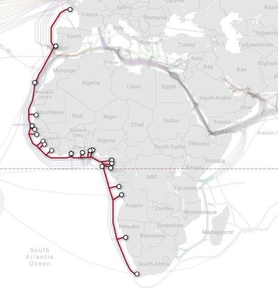 ACE-i valguskaabli ja selle ühenduspunktide kaart. Mauritaania pealinna Nouakchott on ülalt lugedes neljas. 