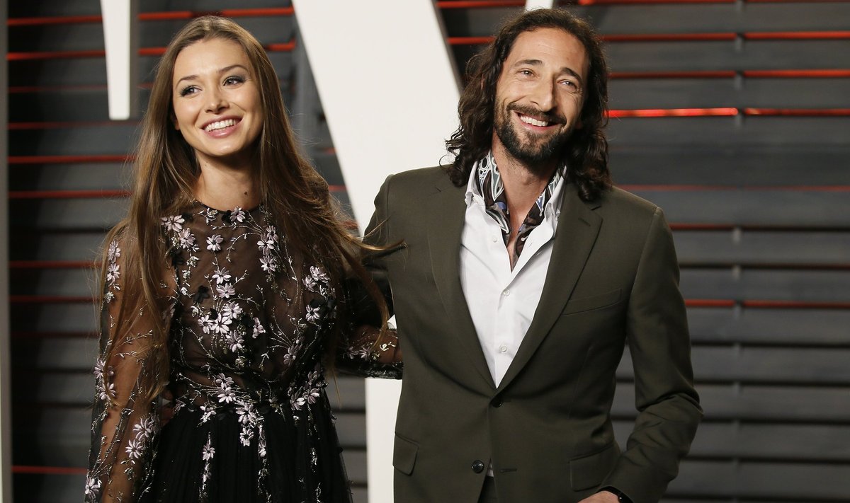 Adrien Brody and Lara Leito arrive at the Vanity Fair Oscar Party in Beverly Hills