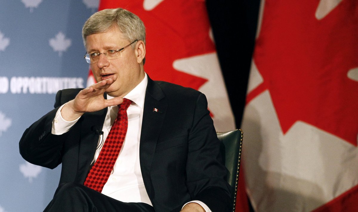 Canadian PM Harper speaks during a moderated question and answer session in Kitchener