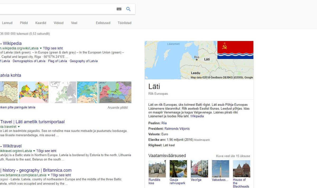 Selline nägi välja Lätit tutvustav Google'i infokast täna 09.07.2018 kell 13:20