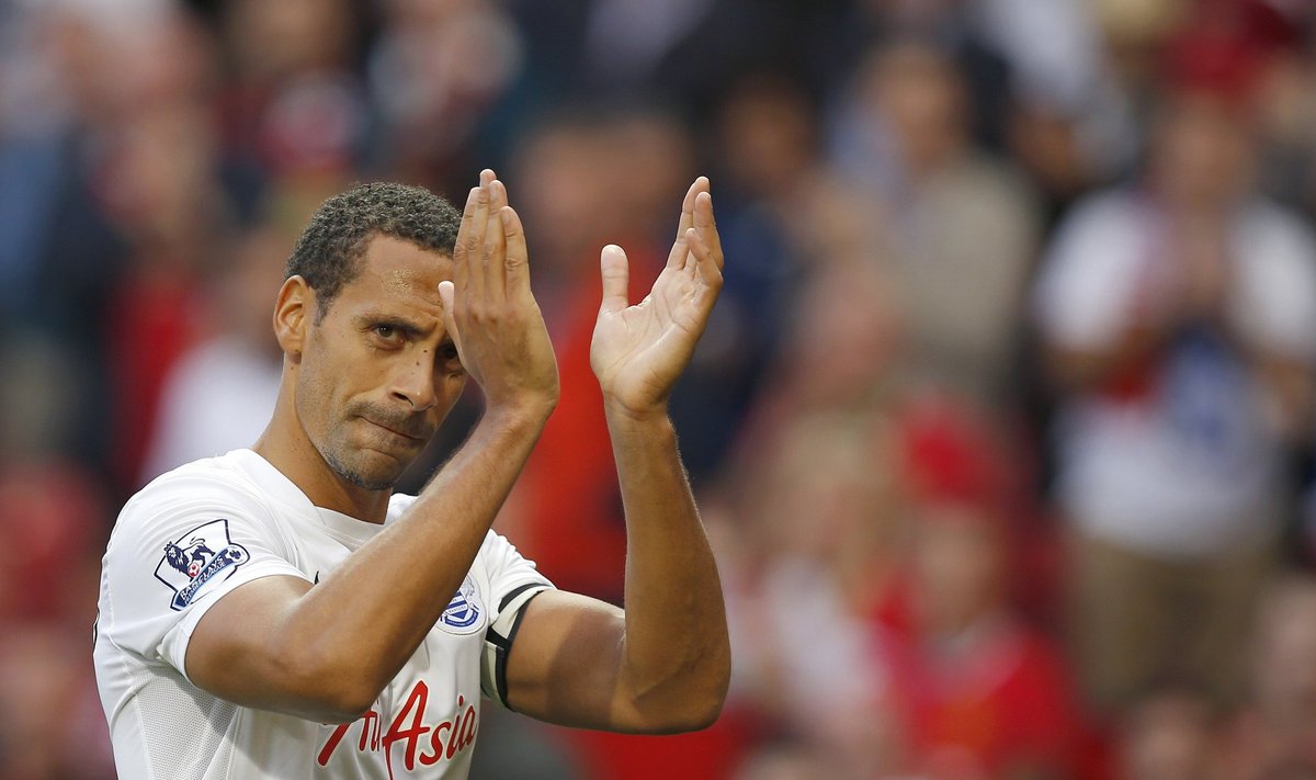 Queens Park Rangers' Ferdinand applauds the fans as he leaves the pitch following their English Premier League soccer match against Manchester United at Old Trafford in Manchester
