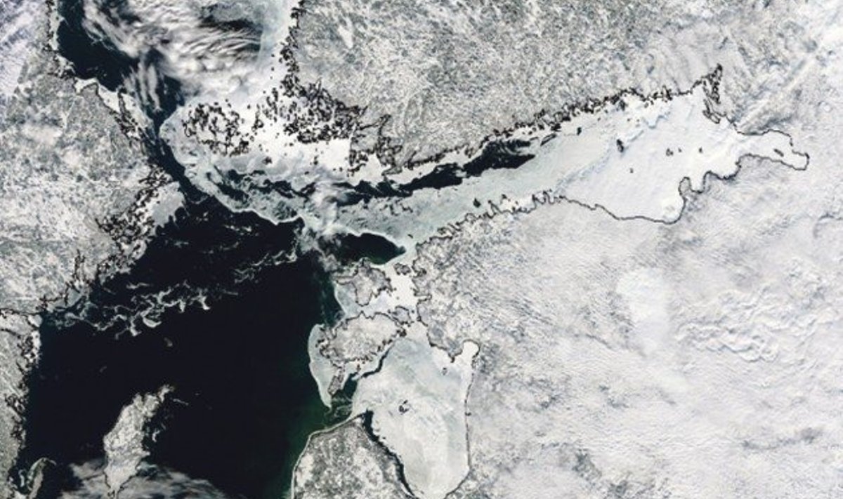 6. märtsi satelliidifoto näitab, et peaaegu tervenisti jääs Soome lahes ulatub jääpiir meie saartest veidi läände. Must värv näitab Läänemere jäätumata osa.
