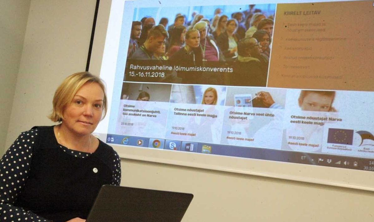 Integratsiooni Sihtasutuse juhataja Irene Käosaar esitleb uut nõuande- ja teabeveebi (Foto: Integratsiooni Sihtasutus)