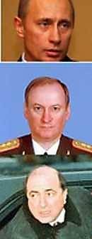 OHVER JA VÕIMALIKUD MÕRTSUKAD: Aleksandr Litvinenko kõrvaldamises kahtlustatakse enim (ülalt alla) president Vladimir Putinit, FSB ülemat Nikolai Patruševit ja oligarh Boriss Berezovskit.