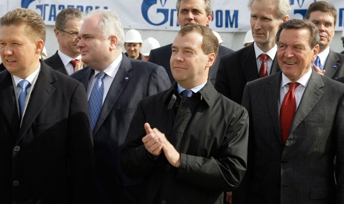 April 9, 2010. Russia's President Dmitry Medvedev (foreground, second to the right) at the symbolic welding of Russian and European gas transportation systems at the opening ceremony of the Nord Stream pipeline construction in Portovaya Bay. Foreground, from left to right: Gazprom CEO Alexei Miller, Managing Director of Nord Stream AG Matthias Warnig, former Chancellor of Germany and Chairman of Nord Stream AG Gerhard Schroder.