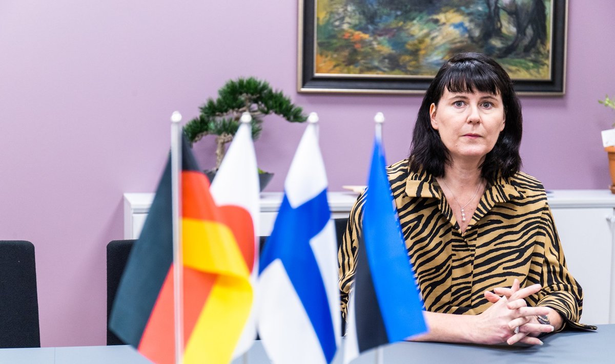 Mia Miettien Mäkineni firma Tallinna kontori koosolekuruumis, kust leiab kõigi nelja riigi lipud, millega ettevõte seotud on.