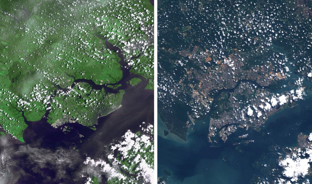 Singapur satelliidipiltidel - vasakul aastal 1974 ja paremal aastal 2014.