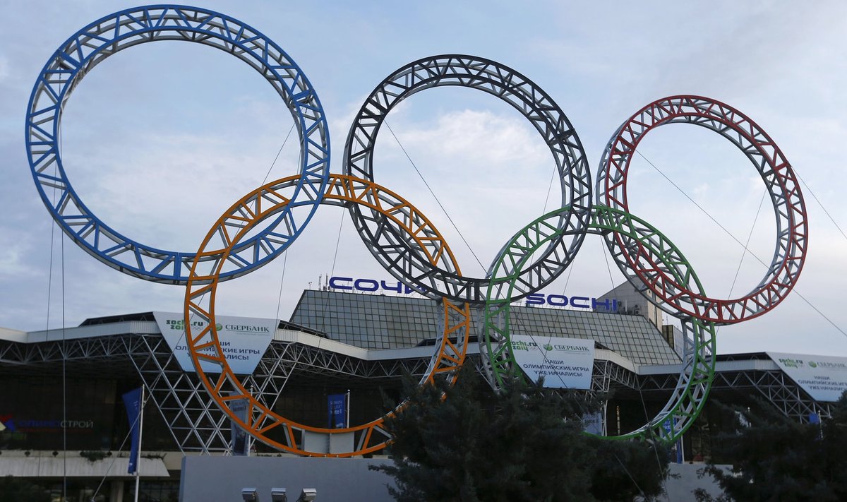 The Olympic rings are seen in front of the airport of Sochi, the host city for the Sochi 2014 Winter Olympics