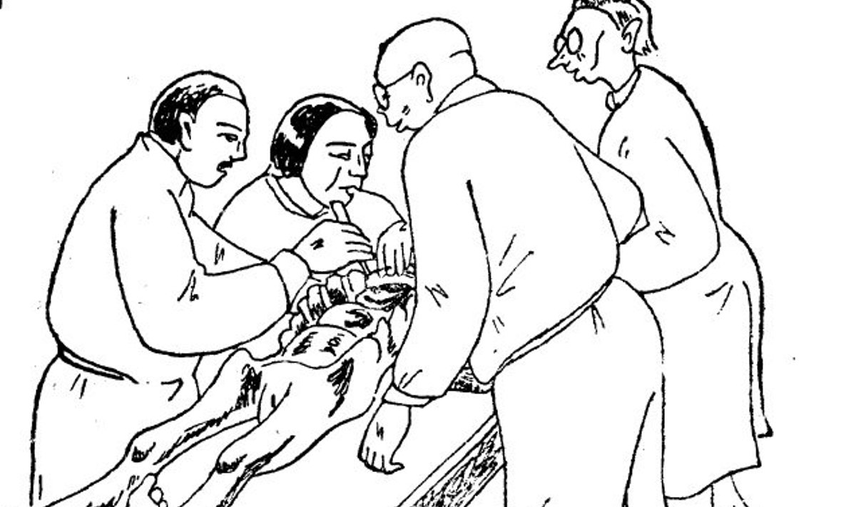 Illustratsioon artiklist pealkirjaga: Tulevased arstid surnukeha lahkamas