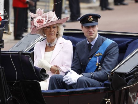 Britain's Camilla, Duchess of Cornwall and Prince William return to Buckingham Palace after attending  the Trooping the Colour ceremony in London