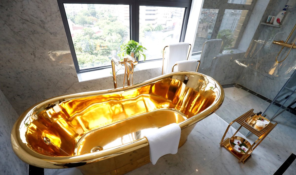 FILE PHOTO: A gold-plated bathtub is seen in the newly inaugurated Dolce Hanoi Golden Lake luxury hotel, after the government eased a nationwide lockdown following the global outbreak of the coronavirus disease (COVID-19), in Hanoi, Vietnam