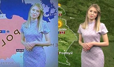 Отзеркаленная часть вирусного фото (слева) и часть скриншота выпуска прогноза погоды на телеканале Trwam за 27 марта 2020 года (справа)