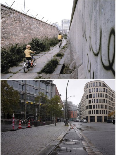 Üleval: jalgratturitest isa ja poeg 1981. aastal Berliini müüri ääres. All: praegune jõukas ärirajoon