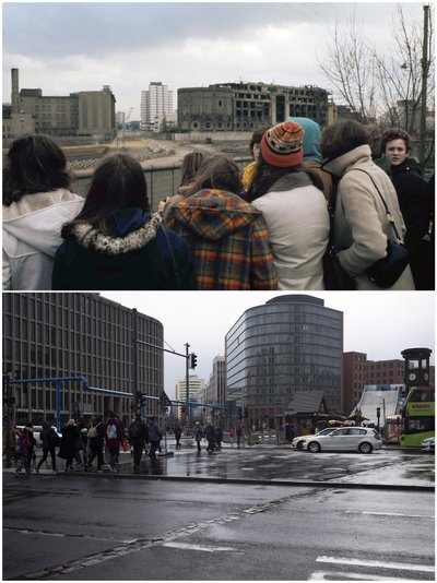 Üleval: Lääne-Saksa tudengid vaatavad 1973. aastal Potsdamer Platzi suunas. All: vaade platsile tänavu novembris