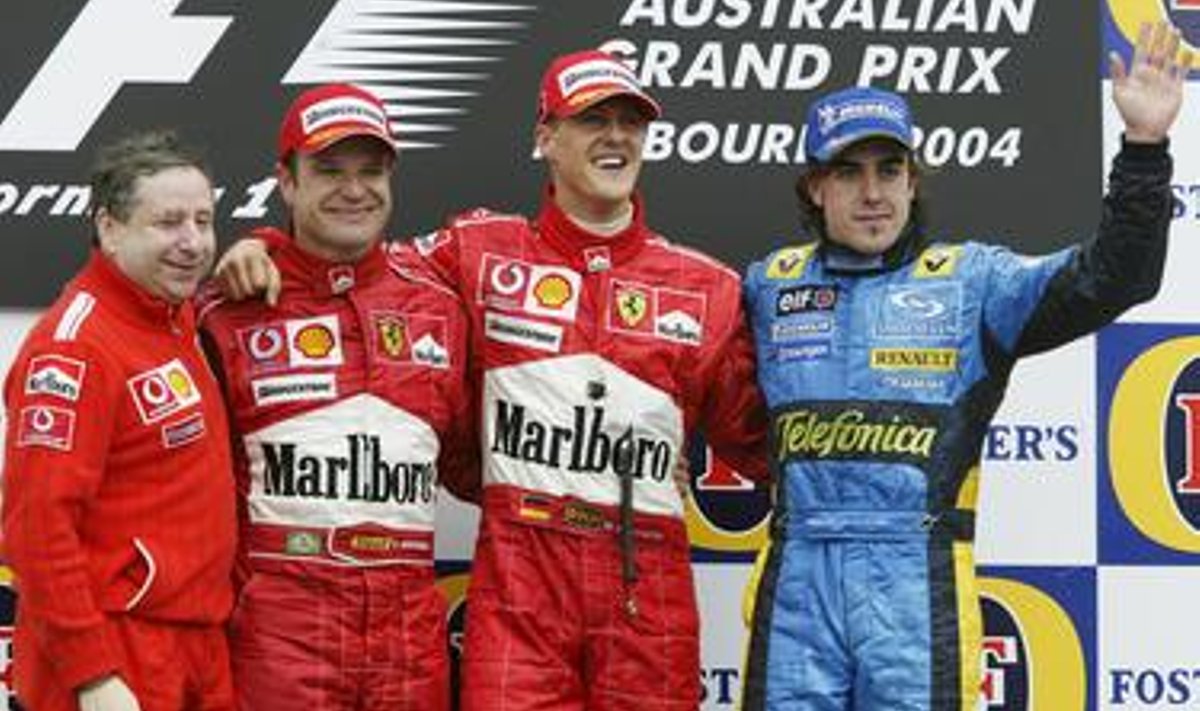 Jean Todt, Rubens Barrichello, Michael Schumacher ja Fernando Alonso Austraalia GP poodiumil