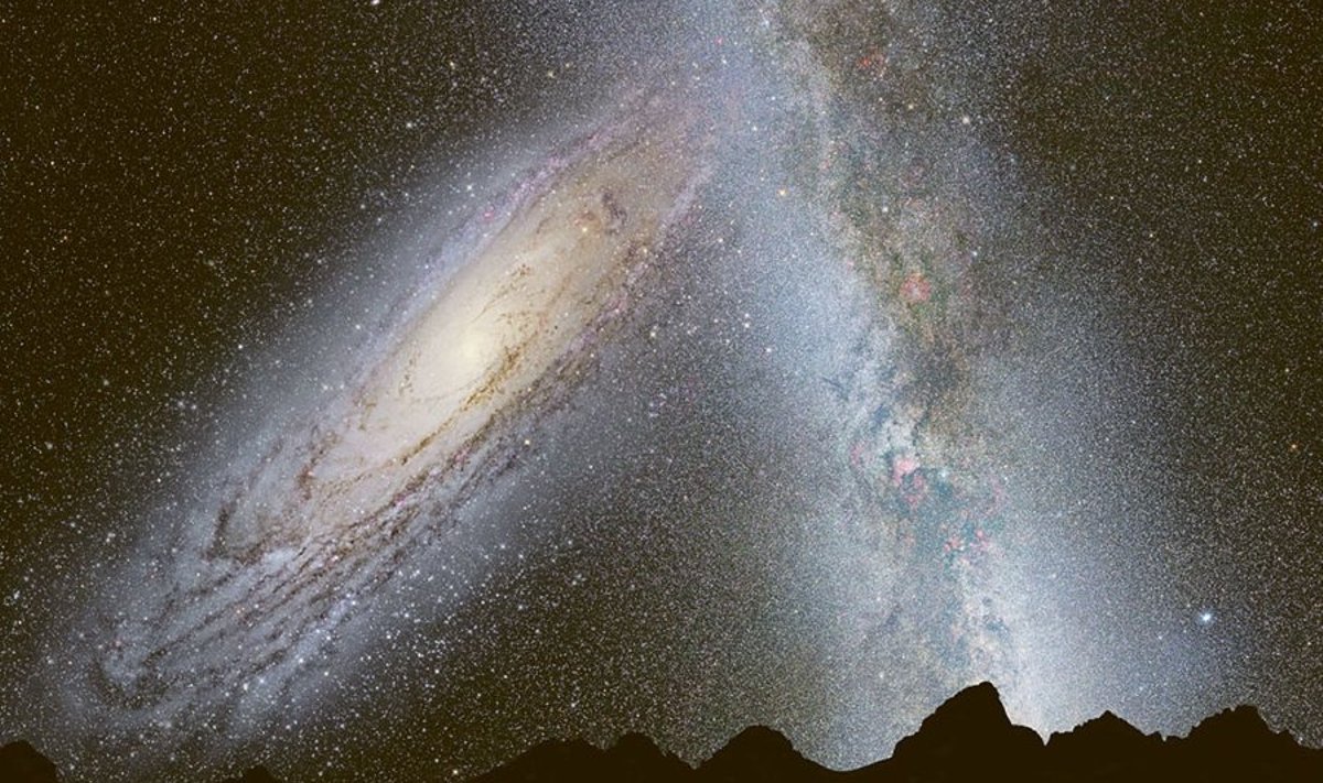 Vaade Linnuteele ja Andro­meeda galaktikale  3,75 mld aasta pärast . Foto: NASA/ESA/Z. LEVAY/R. VAN DER MAREL/STSCI/T. HALLAS/A. MELLINGER