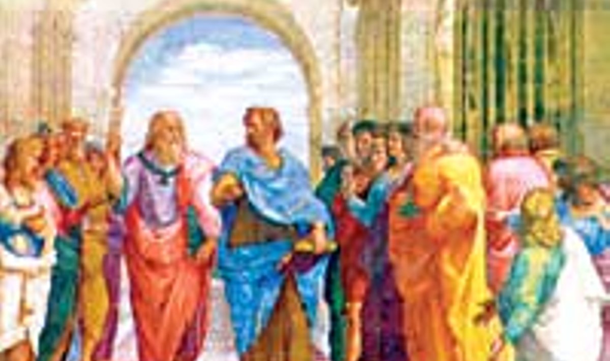 ÜHISKONDLIK KOKKULEPE ON ALATI OLNUD ÕPETATUD MEESTE JA MITTE RAHVA PROJEKT: Kesksed figuurid Rafaeli maalil "'Ateena kool"' (1509-1510) on Platon ja Aristoteles, kes tegelesid ühiskondliku kokkuleppe küsimustega antiikajal.