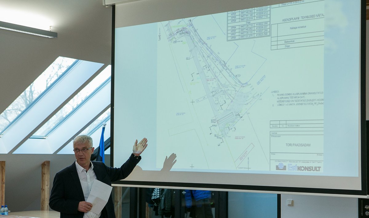 Mart Mäeker tugines Tori jõesadama projekti tutvustamisel lossimise andmetest rääkides Mihkel Undresti jutule.