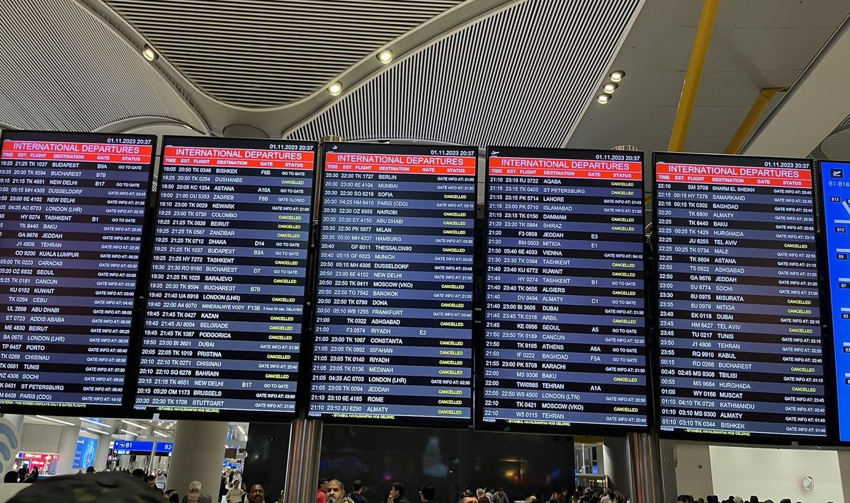 На информационном табло желтым цветом отмечены отмененные рейсы.