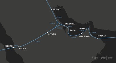 Araabia Ühendemiraatire kaart Hyperloopi liini ja linnadevaheliste sõiduaegadega. 