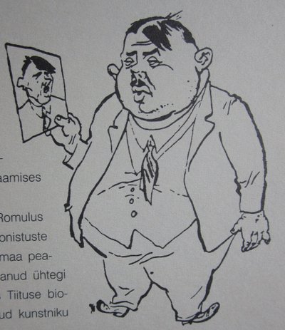 KAKS JUHTI: “Eesti rahvas võib õnnelik olla, tema juhil on suur sarnasus Führeriga – isegi tsipake idiootlikum on ta sellest!” Gori karikatuur Hjalmar Mäest oktoobris 1944.