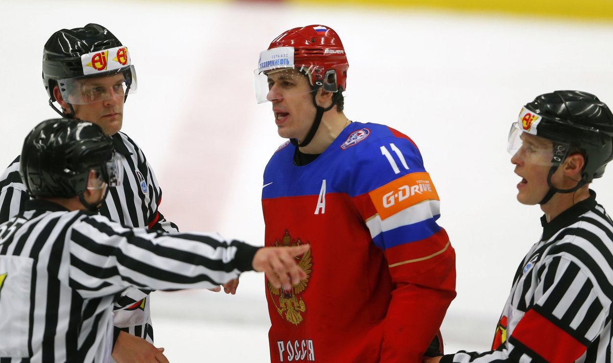 Russia's Malkin argues with officials during their Ice Hockey World Championship game against Finland at the CEZ arena in Ostrava