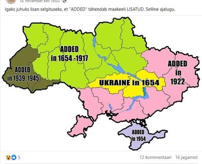 Facebooki postituses kujutatud kaart ei vasta Ukraina tegelikule ajaloole.