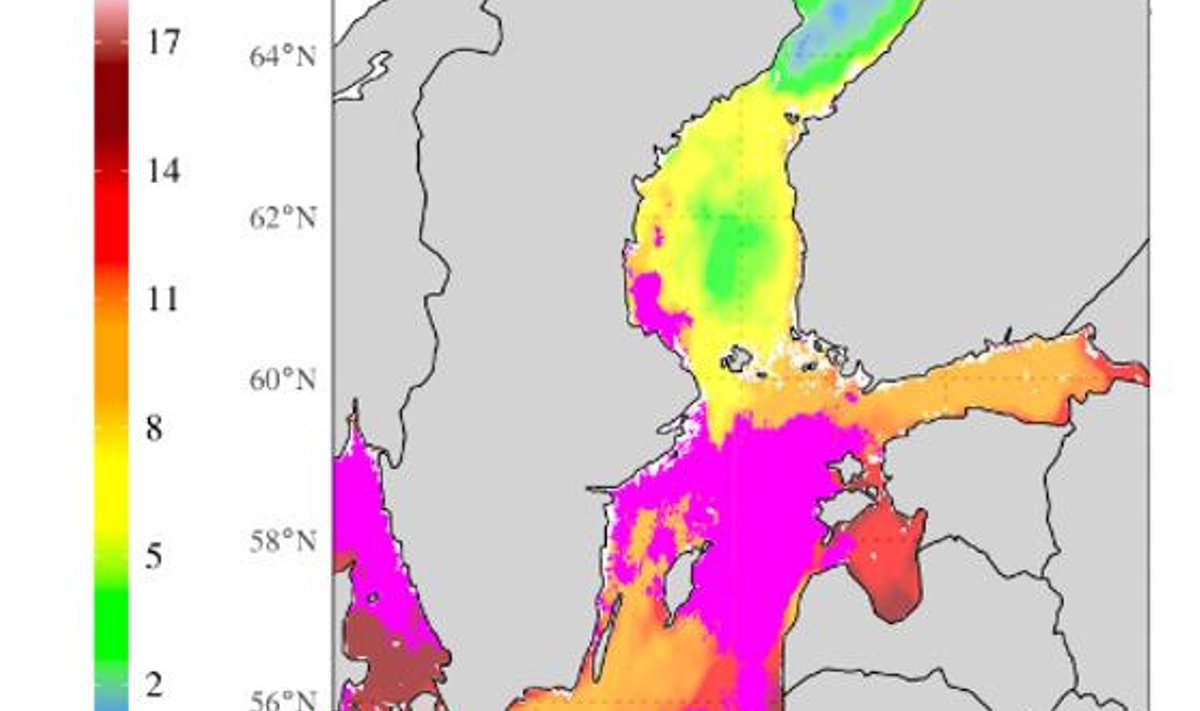 21. mai seis. Mere kuumalainest mõjutatud piirkond on märgitud lilla tooniga (üleval paremal). Graafikul on näha merekuumalainest mõjutatud pindala kasv viimastel päevadel.   
