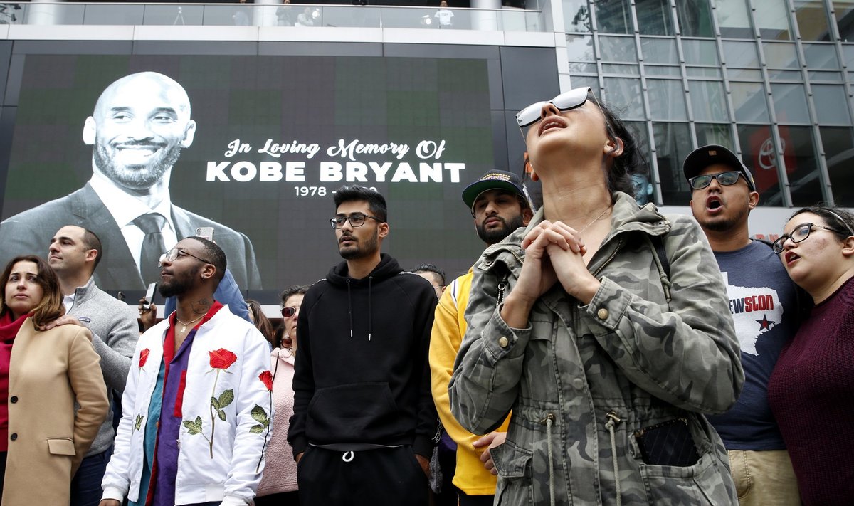 Image of former Los Angeles Lakers basketball star Kobe Bryant is seen outside the Staples Center in Los Angeles, California, U.S. January 26, 2020.