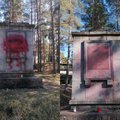 ФОТО | В Вызу разрисовали советский монумент, а Евгений приехал из Нарвы и сам его отмыл 