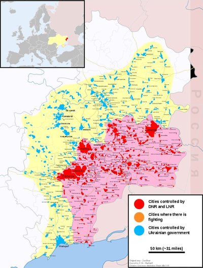 Jaanuarikuine seis Ukraina sõjas. Sinised kohad Ukraina, punased Venemaa kontrolli all.