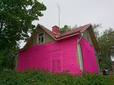 Roosa kampsuniga maja.