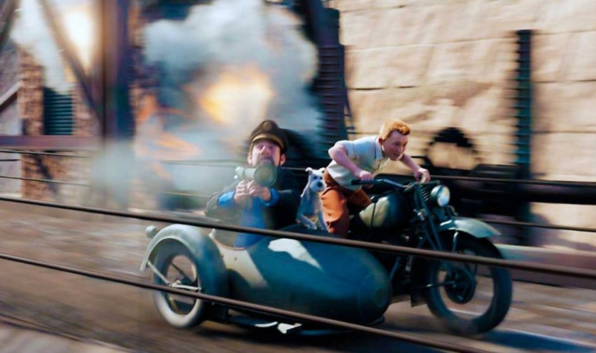 Animatsioonis reaalsus ei ahista: Mootorrattal kurjamite tagaajamisest Maroko turul saab ülim seiklus. Ratta seljas Tintin (Jamie Bell) ja kapten Haddock (Andy Serkis). (outnow.ch)