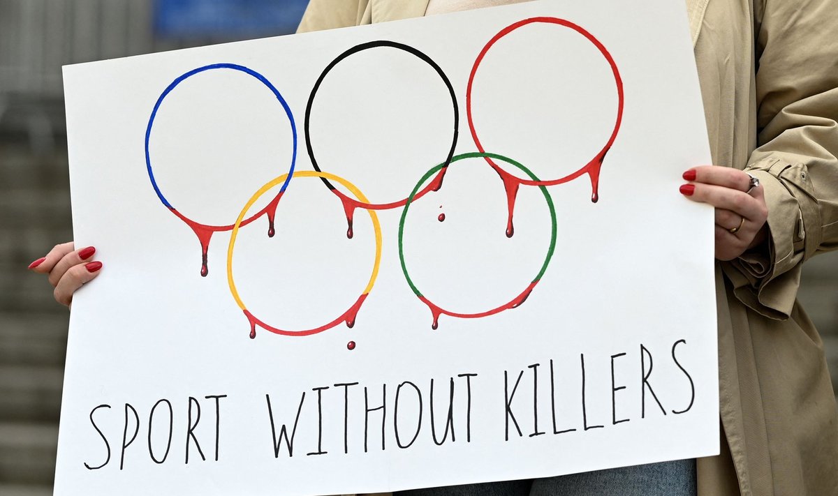 Плакат против участия России и Беларуси в Олимпийских играх в 2024 году в Париже