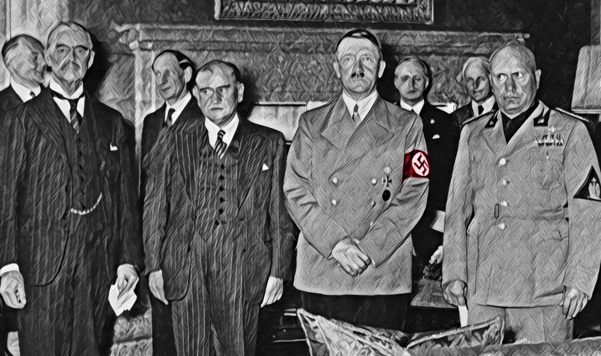Neville Chamberlain (vasakult), Édouard Daladier, Adolf Hitler ja Benito Mussolini 1938. aastal enne Müncheni kokkuleppe sõlmimist
