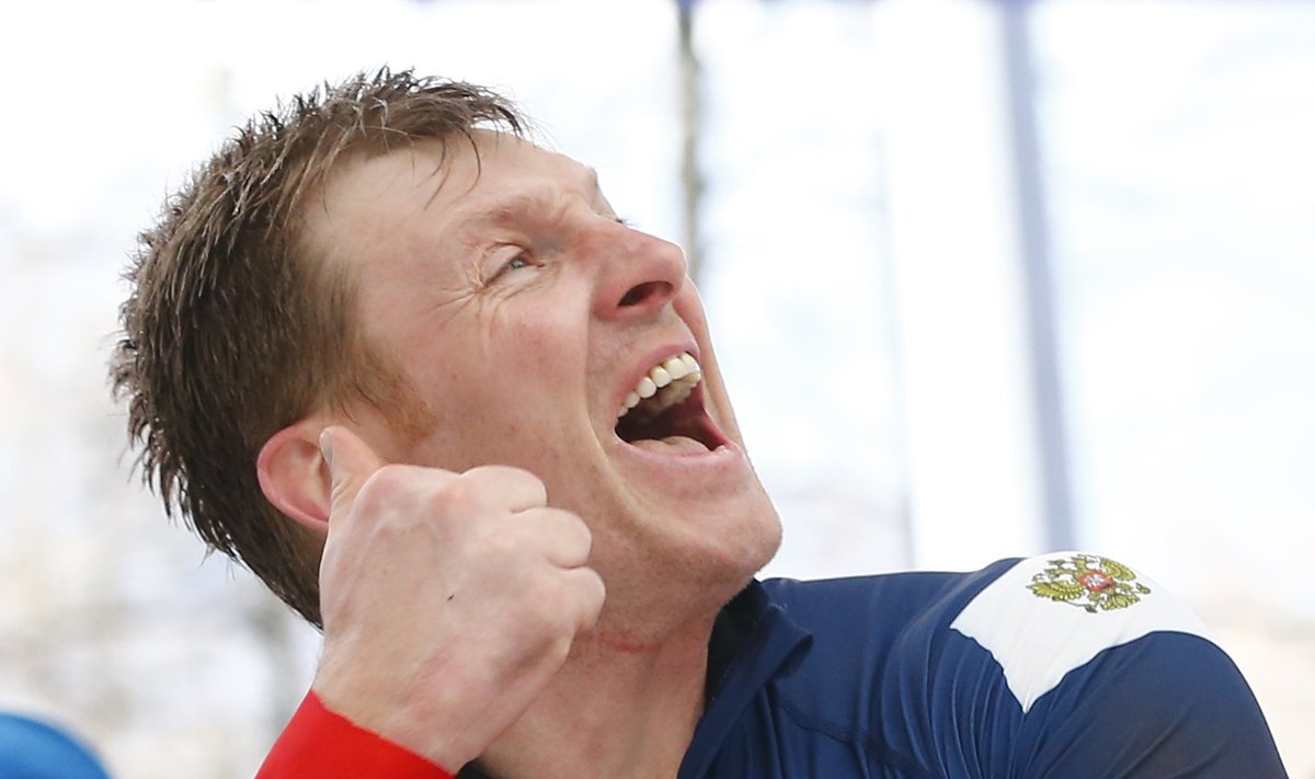 Zubkov celebrates after the four-man bobsleigh event of the Sochi 2014 Winter Olympic Games