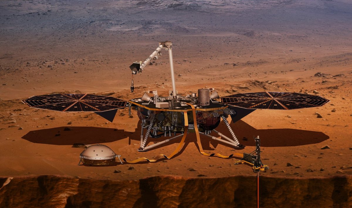 InSight Marsil kunstniku kujutluses. Vasakul esiplaanil on näha SEIS, paremal ees on end Marssi puurinud HP3.