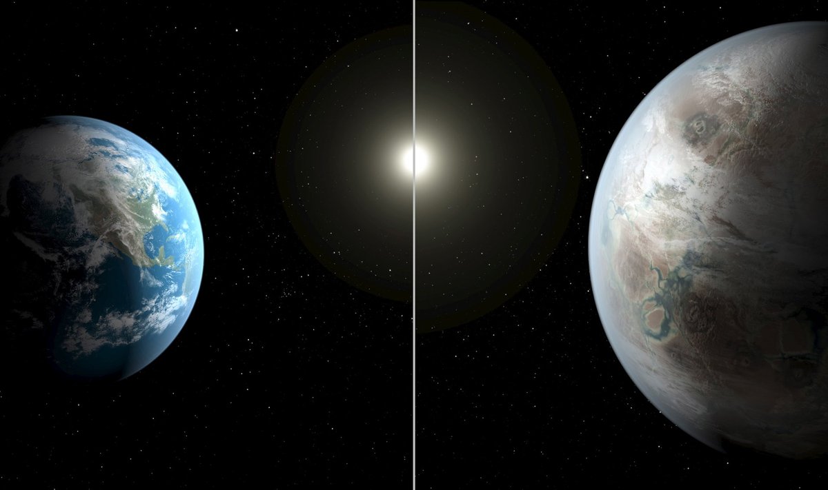 A NASA illustration compares Earth to a planet beyond the solar system that is a close match to Earth called Kepler-452b