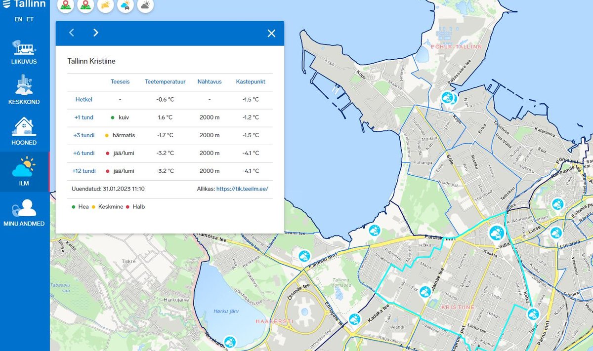 Информация о состоянии дорог в режиме реального времени на платформе Tark Tallinn.