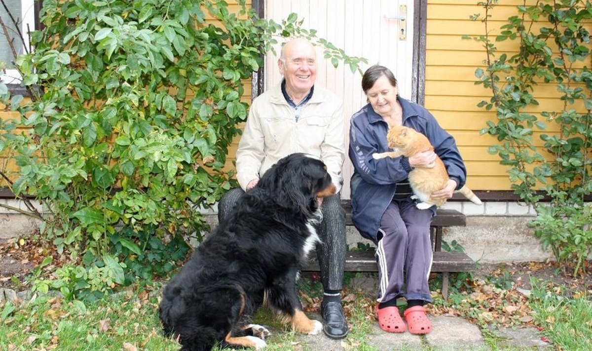 Niipea kui Ado Tammemägi on koos naise Anastasiaga saunatrepil istet võtnud, on kohal ka koer Dello ja kass Kutt. Foto: Kaile Kabun