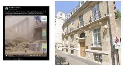 Слева — скриншот вирусного видео, справа — скриншот Google Street View с видом на посольство Украины во Франции