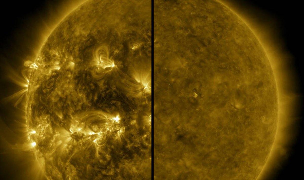 See poolitatud pilt näitab aktiivse päikese erinevust päikese maksimumi ajal (vasakul, jäädvustatud 2014. aasta aprillis) ja vaikset päikest päikese miinimumi ajal (paremal, jäädvustatud 2019. aasta detsembris)
